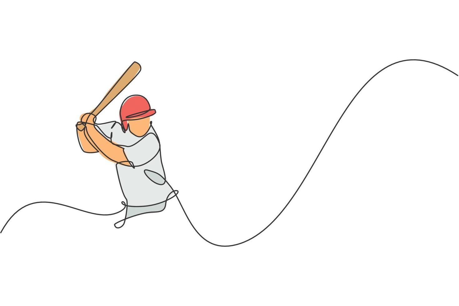 Single continuous line drawing of young agile man baseball player focus practice to hit the ball. Sport exercise concept. Trendy one line draw design vector illustration for baseball promotion media