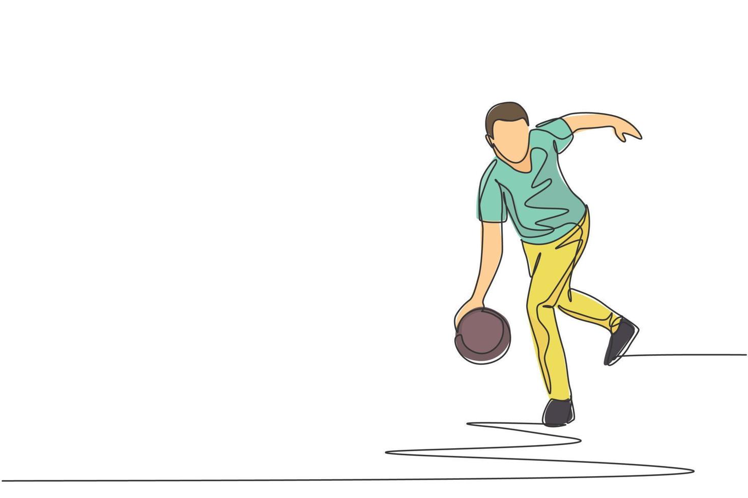 un dibujo de una sola línea de un joven jugador de bolos talentoso que lanza una bola para golpear la ilustración gráfica del vector de bolos. concepto de estilo de vida y deporte de personas sanas. diseño moderno de dibujo de línea continua