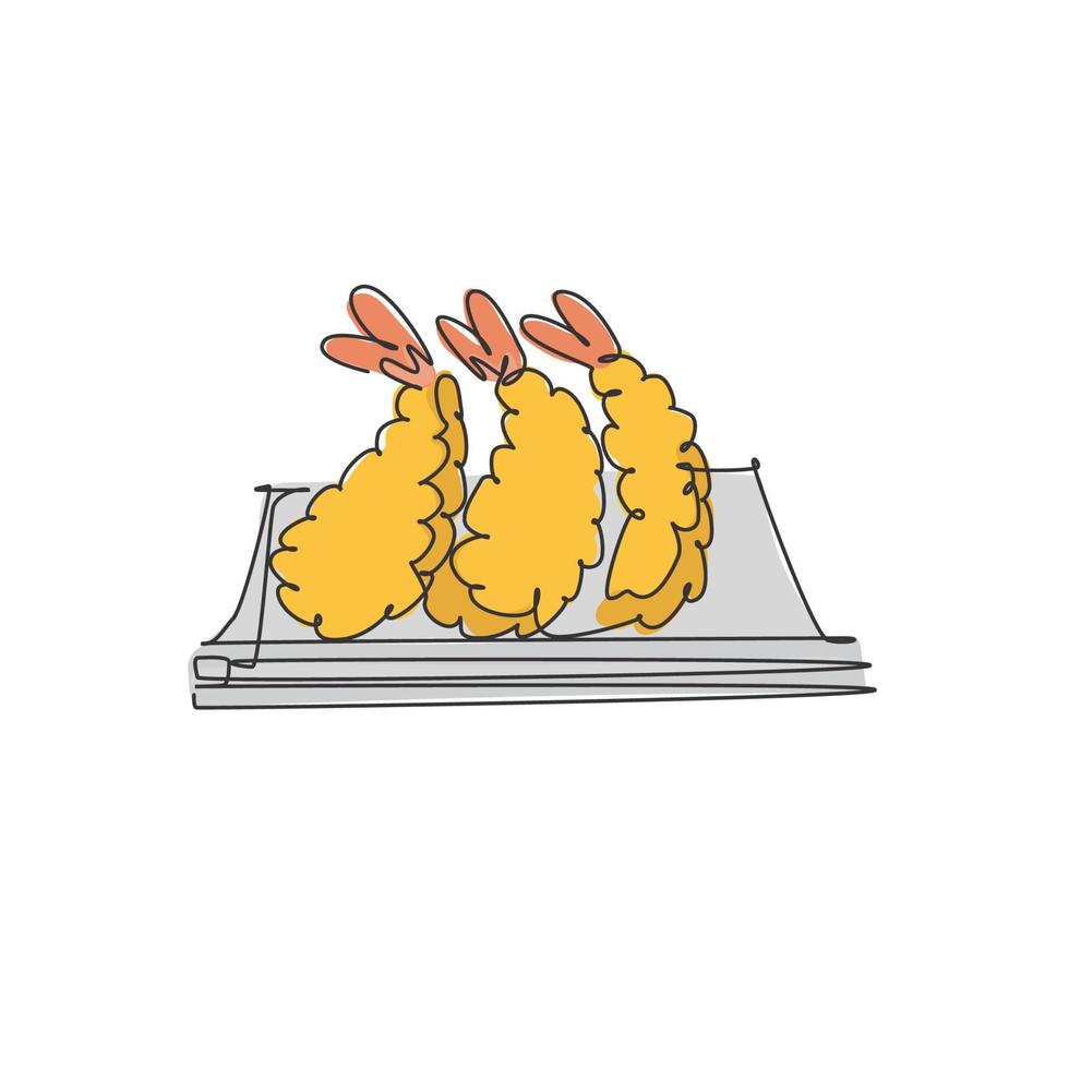 un dibujo de línea continua del delicioso emblema del logotipo del restaurante tempura frita japonesa fresca. concepto de plantilla de logotipo de tienda de café de mariscos. gráfico de ilustración vectorial de diseño de dibujo de una sola línea moderna vector