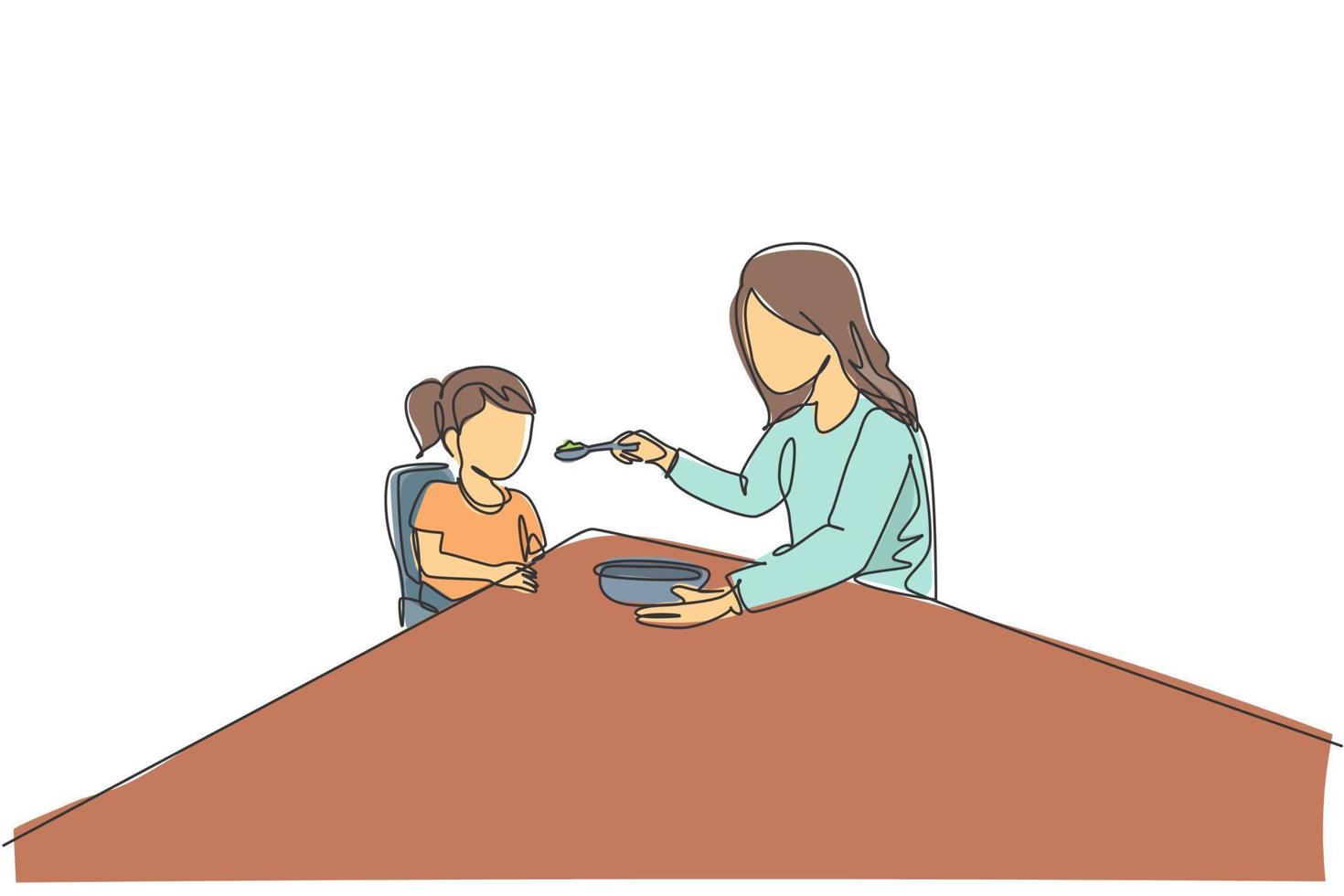Single continuous line drawing of young mother feeding her sick fever daughter while siting on dining chair at home. Happy family parenthood concept. Trendy one line draw design vector illustration