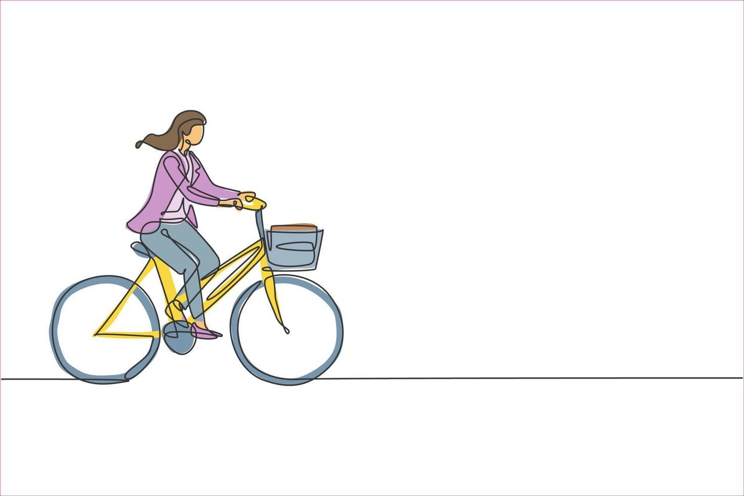 One single line drawing young happy startup employee woman ride bicycle to the coworking space graphic vector illustration. Healthy urban commuter lifestyle concept. Modern continuous line draw design