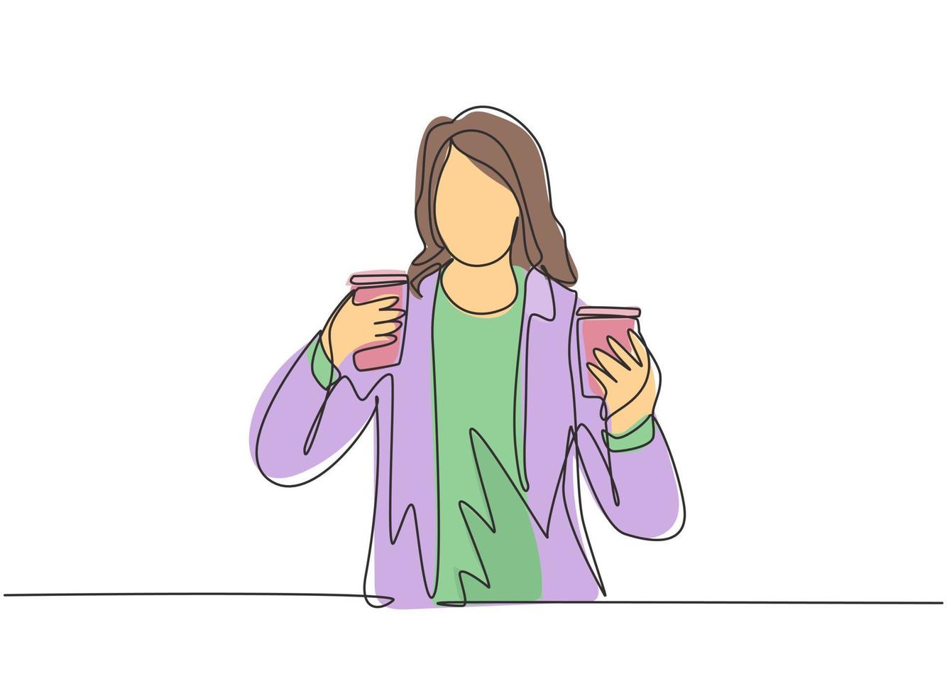 un dibujo de una sola línea de una empleada de oficina de belleza joven sosteniendo dos tazas de papel de bebida de café a su compañero de trabajo. Beber té concepto línea continua dibujar diseño gráfico vectorial ilustración vector