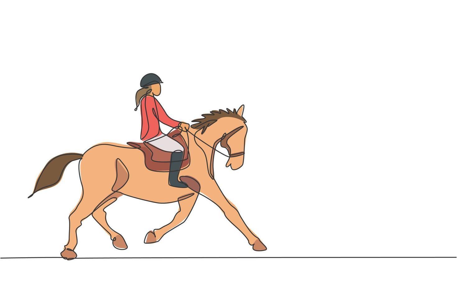 One continuous line drawing of young horse rider woman in action. Equine run training at racing track. Equestrian sport competition concept. Dynamic single line draw design graphic vector illustration