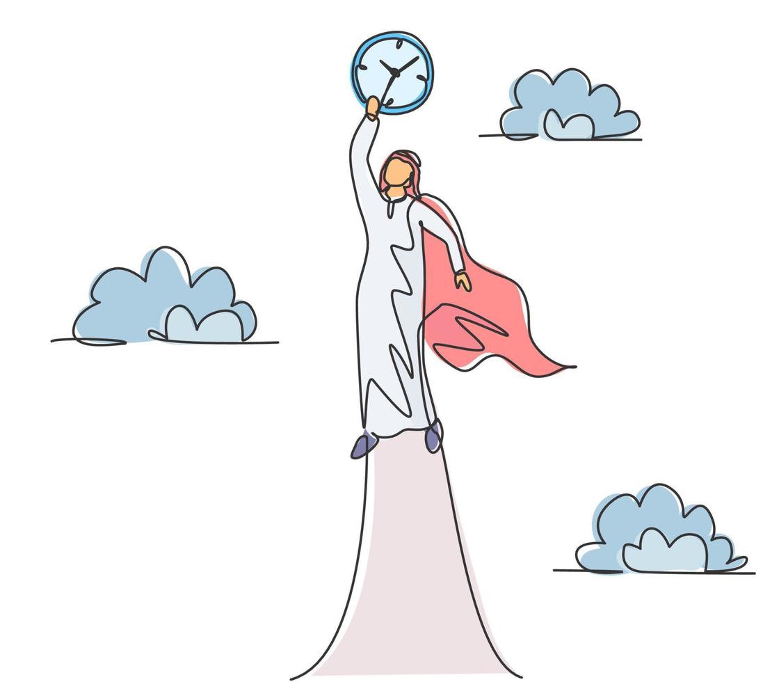 Single one line drawing of young Arabian business man flying to the sky to reach analog clock. Business challenge minimal metaphor concept. Continuous line draw design graphic vector illustration.