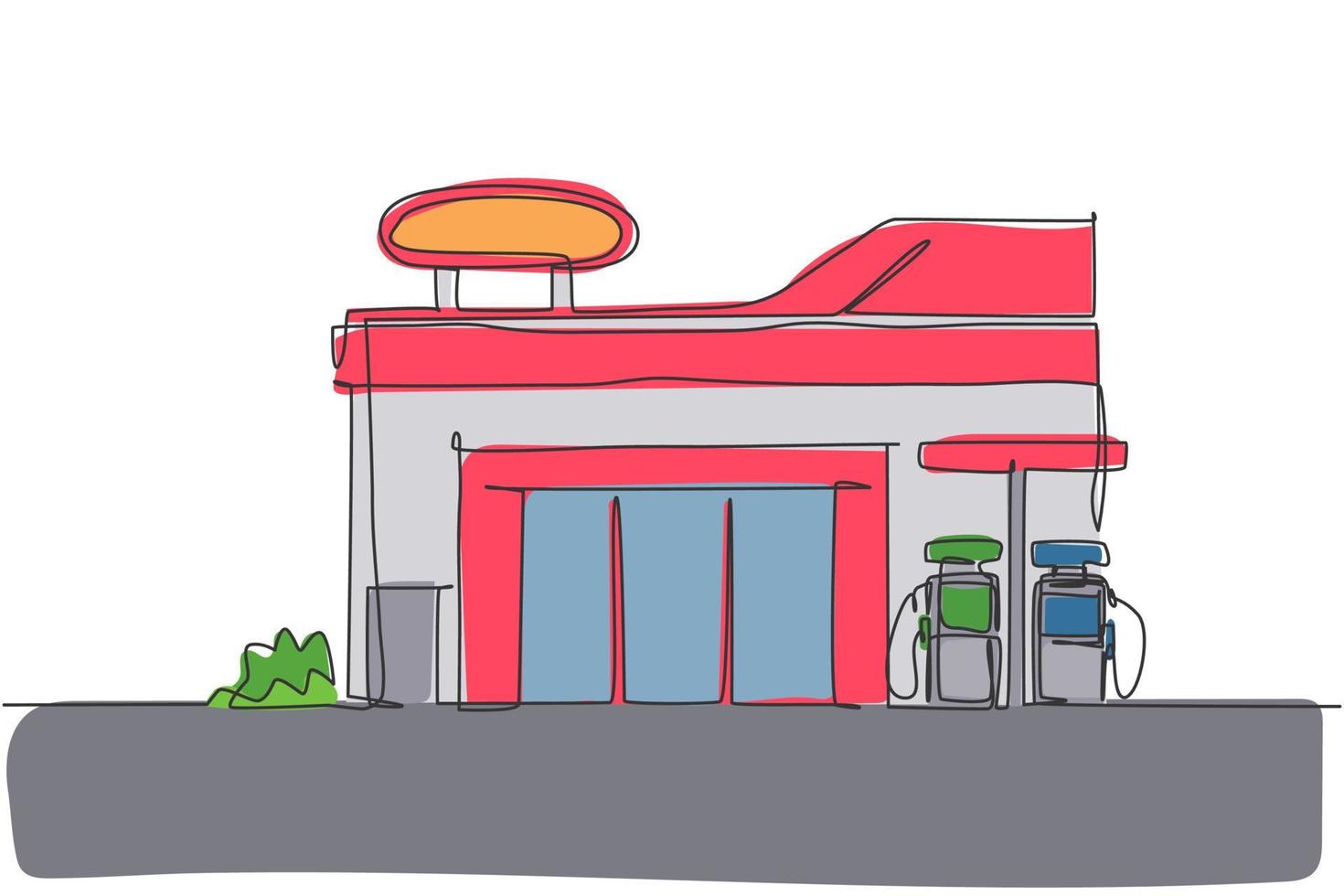 Single one line drawing of gas station building construction at countryside. Fuel station service isolated doodle minimal concept. Trendy continuous line draw design graphic vector illustration