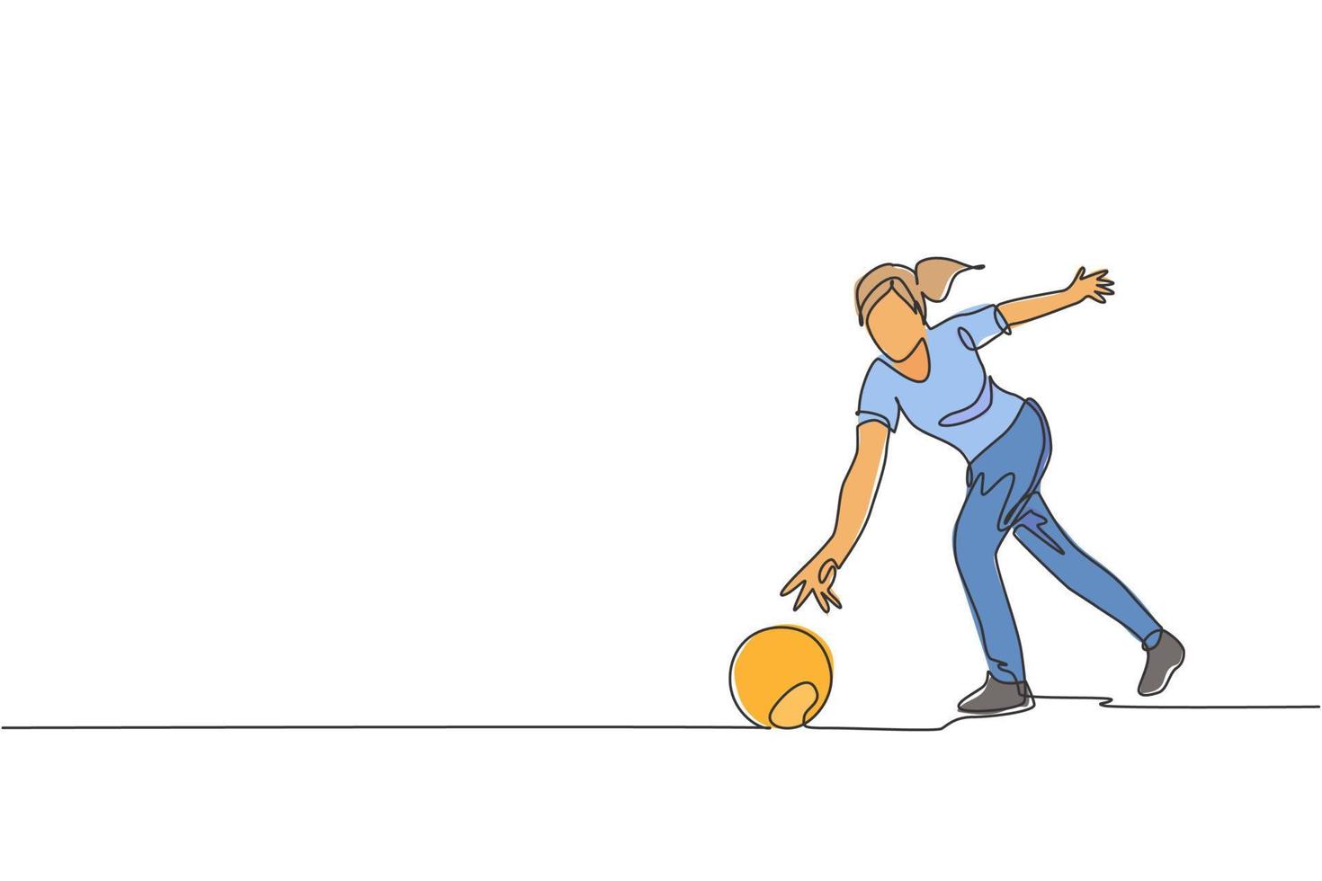 Single continuous line drawing young happy bowling player woman throw bowling ball to hit the pins. Doing sport hobby at leisure time concept. Trendy one line draw design graphic vector illustration
