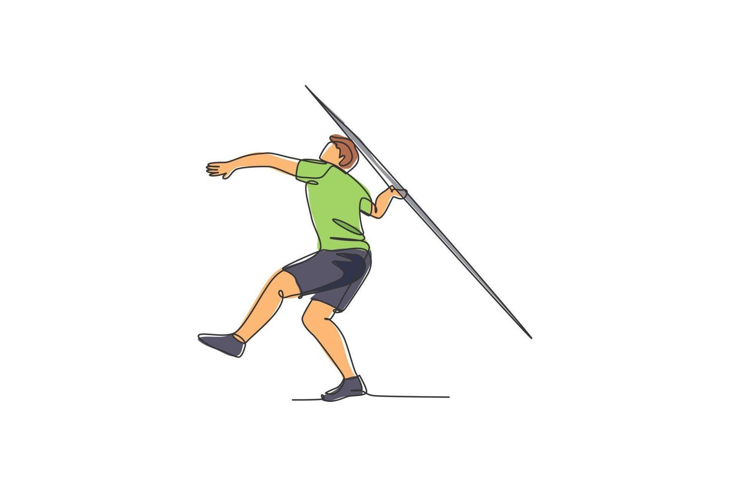 One single line drawing of young energetic man exercise aiming javelin throw to target area graphic vector illustration. Healthy lifestyle athletic sport concept. Modern continuous line draw design