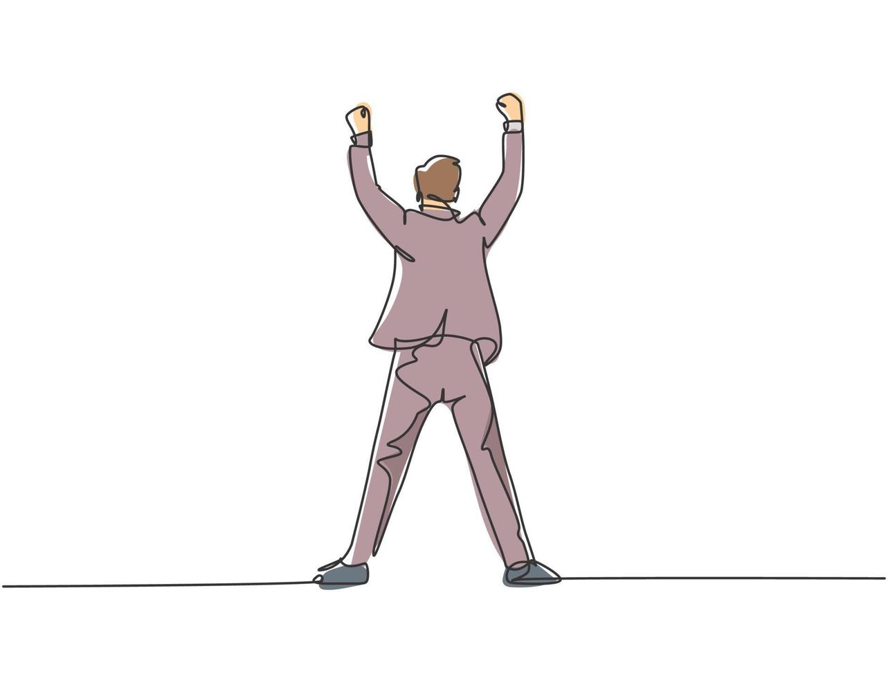 One single line drawing of young happy business man standing and fist his hands to the air to celebrate his success, back view. Business deal concept continuous line draw design vector illustration