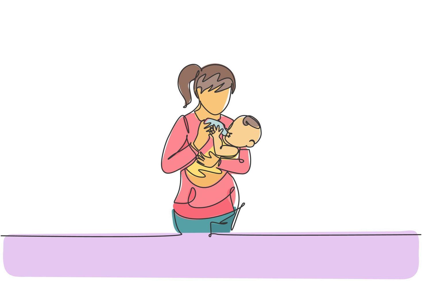 dibujo de una sola línea de la joven madre cargando y alimentando a su bebé con alimentos nutritivos en la ilustración de vector de casa. concepto de aprendizaje de crianza feliz. diseño gráfico de dibujo de línea continua moderna
