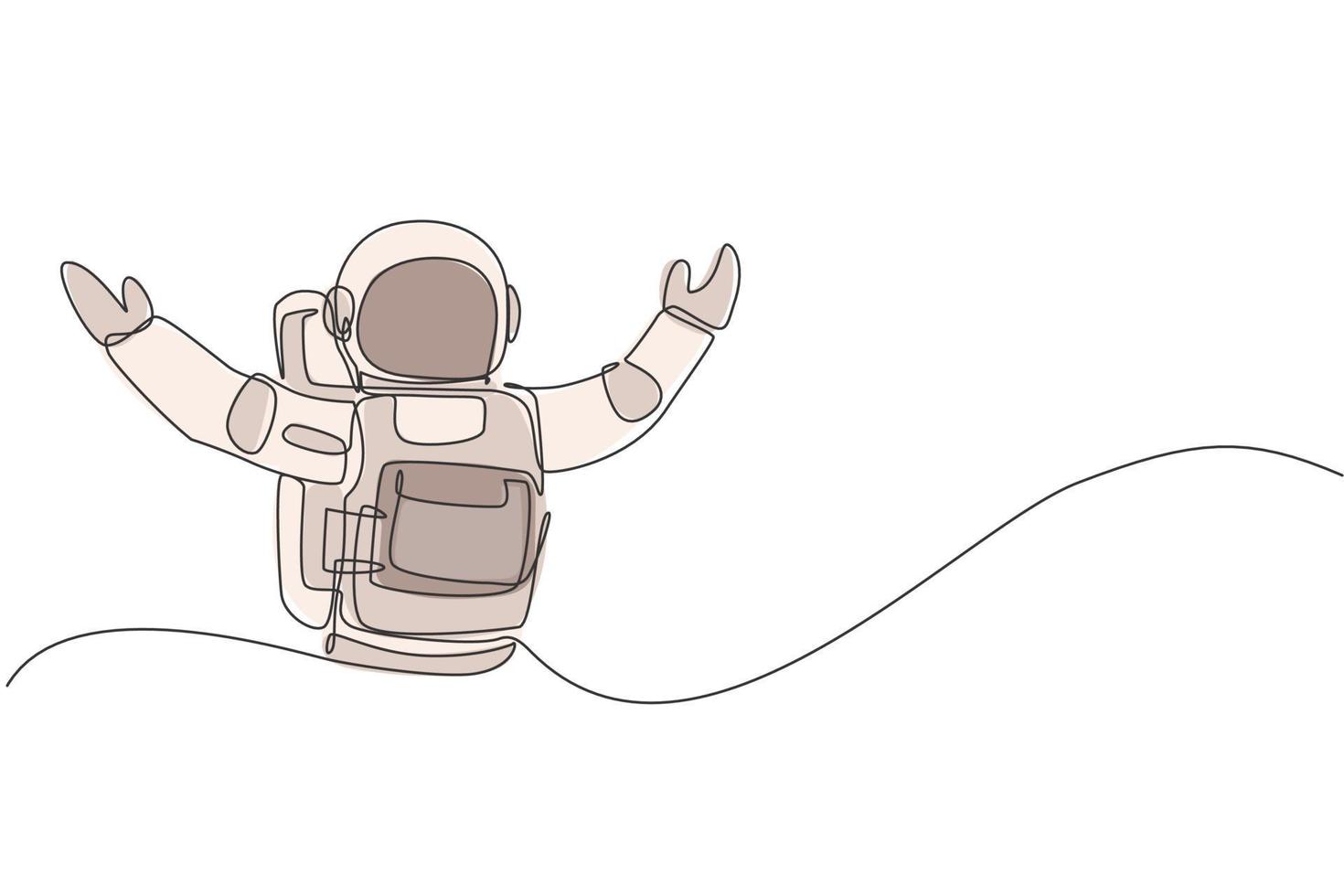 Single continuous line drawing of astronaut open his hands ready to hug in moon surface. Business office with galaxy outer space concept. Trendy one line draw design graphic vector illustration