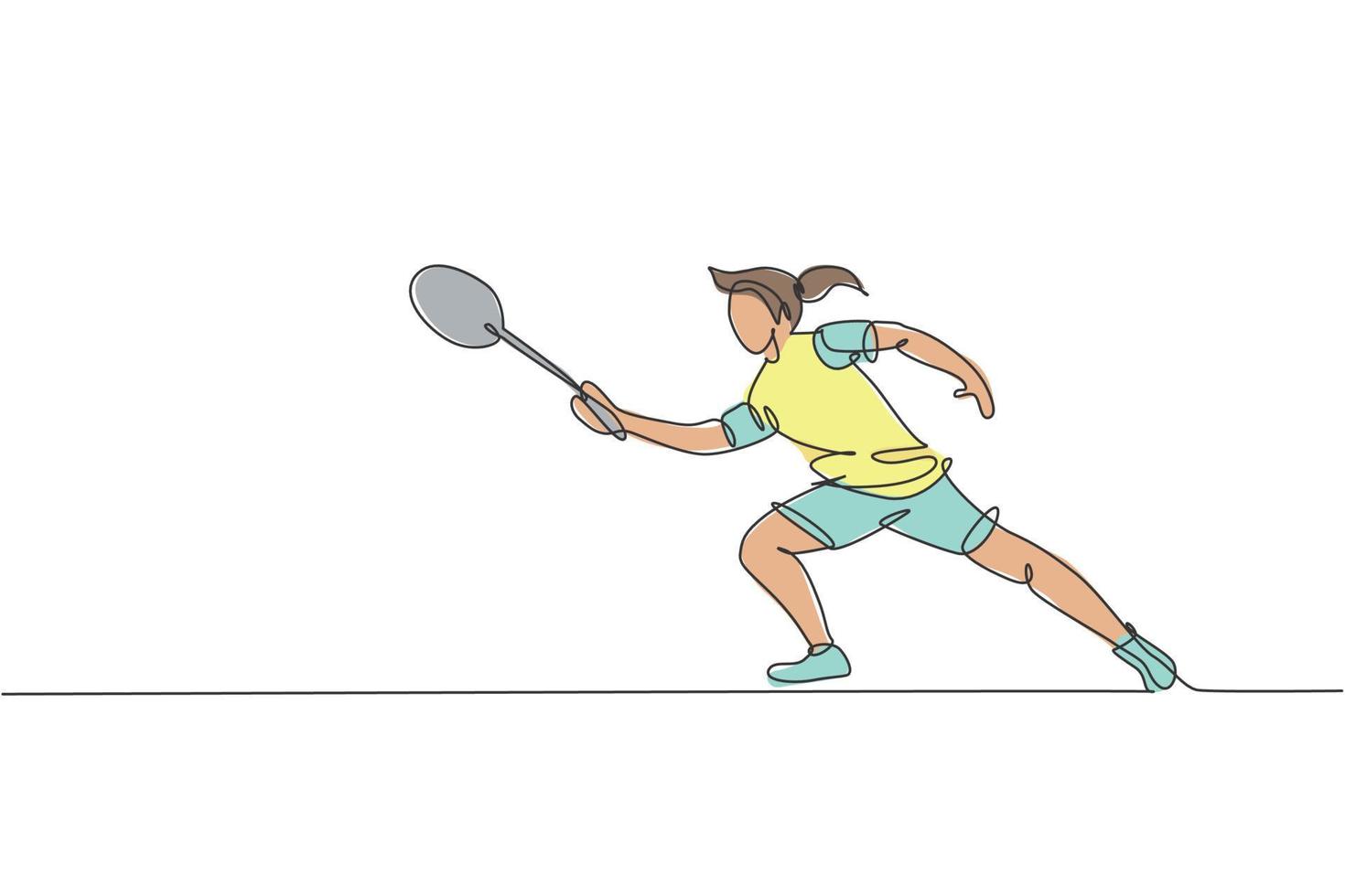 Single continuous line drawing young agile badminton player hit shuttlecock. Sport exercise concept. Trendy one line draw design vector illustration graphic for badminton tournament publication media