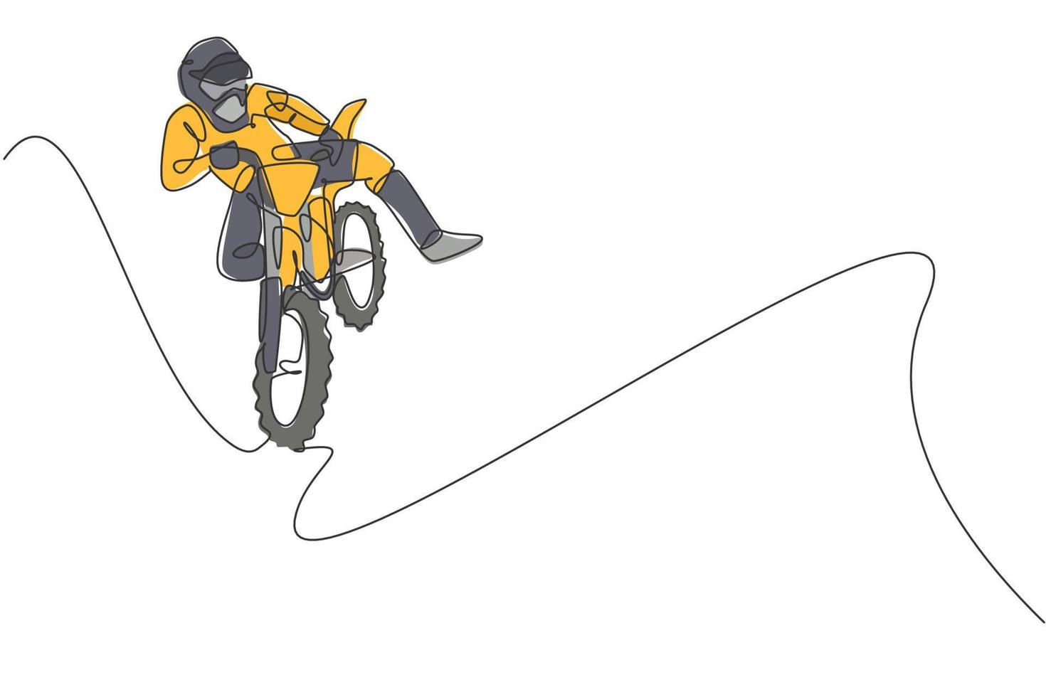 One continuous line drawing of young motocross rider jumping fly acrobatic at race track. Extreme sport concept. Dynamic single line draw design vector illustration for motocross competition poster