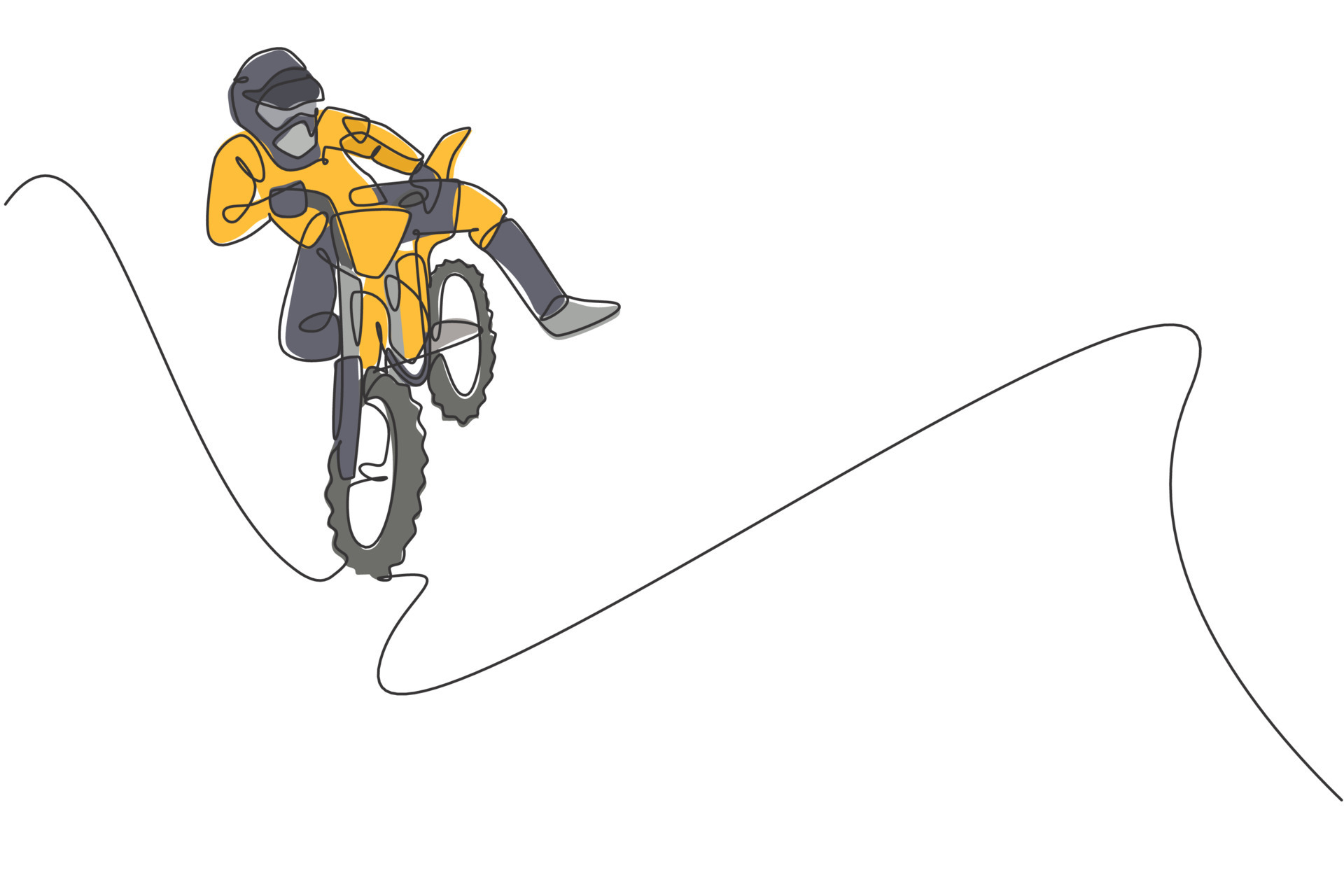 One continuous line drawing of young motocross rider jumping fly