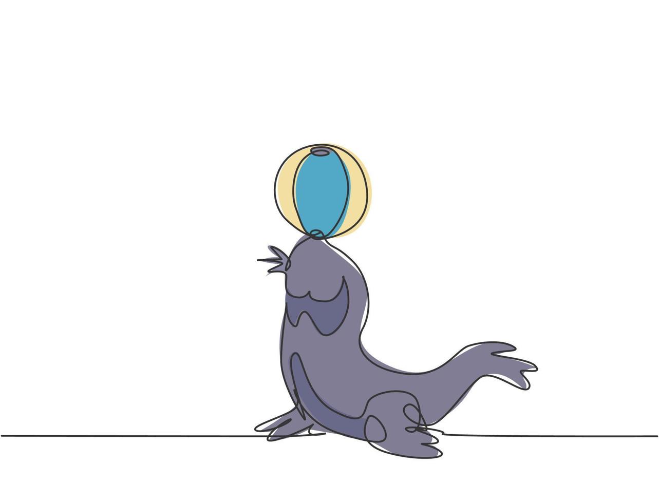 Single continuous line drawing a lion jumping into a circle of fire at a circus show. The trainer is paying close attention. Amazing performance. One line draw graphic design vector illustration.