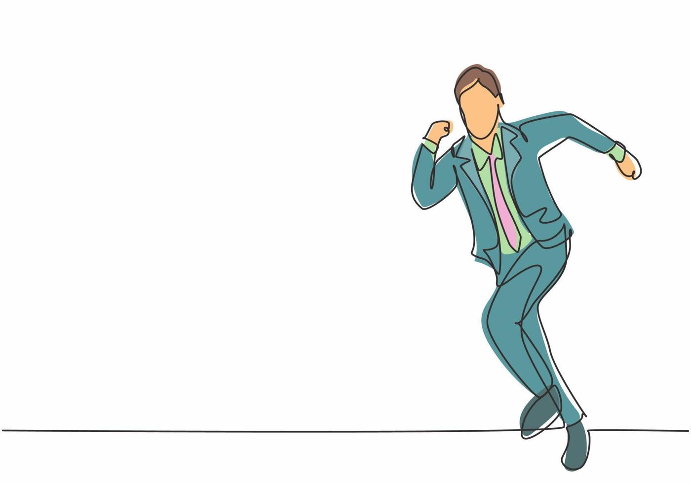 Single continuous single line drawing of young happy businessman running fast at athletic race lane. Business race concept one line draw design vector graphic illustration