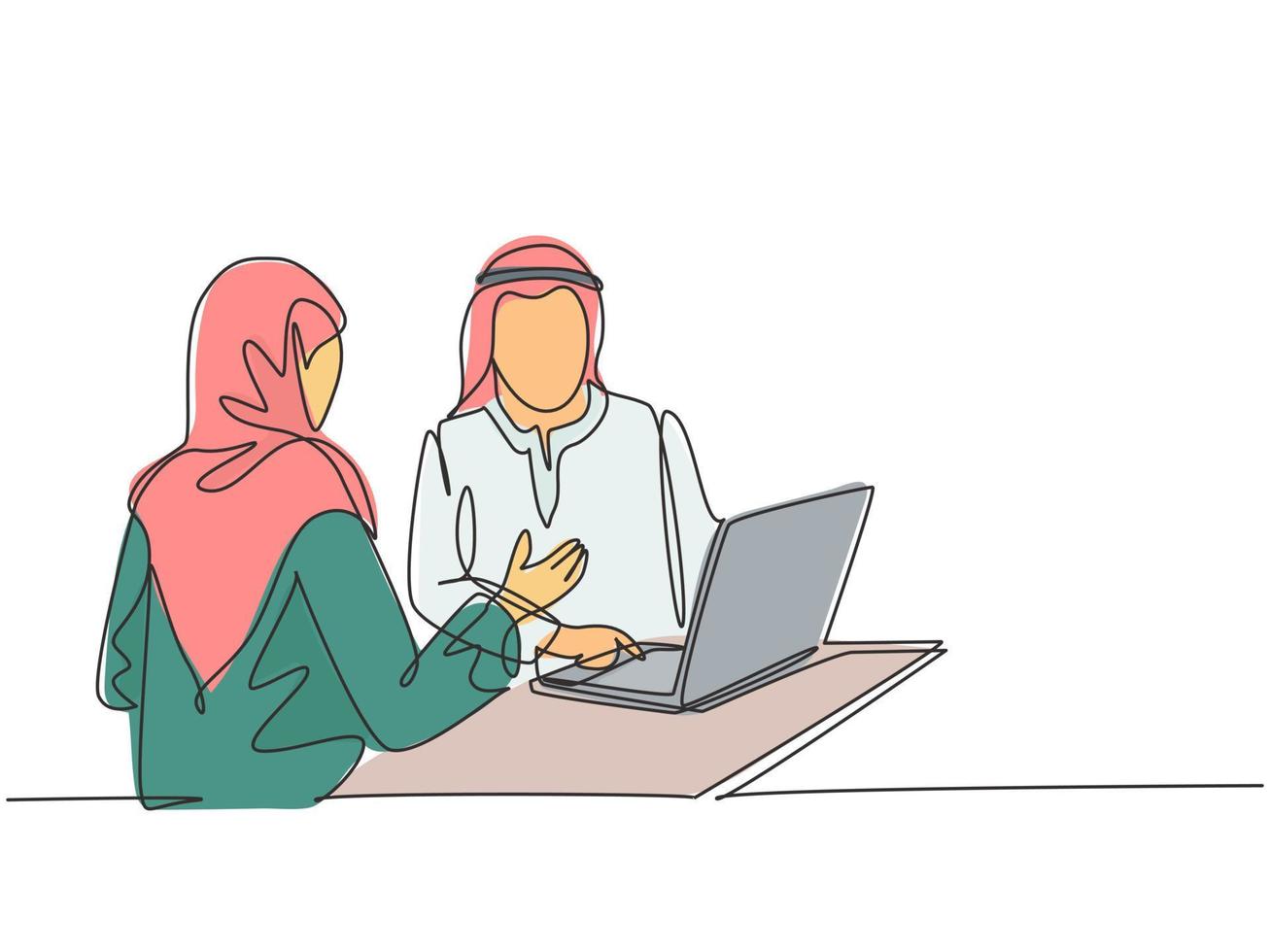 One continuous line drawing of young muslim sales marketer explaining features of new product to customer. Islamic clothing shemag, kandura, scarf, hijab. Single line draw design vector illustration