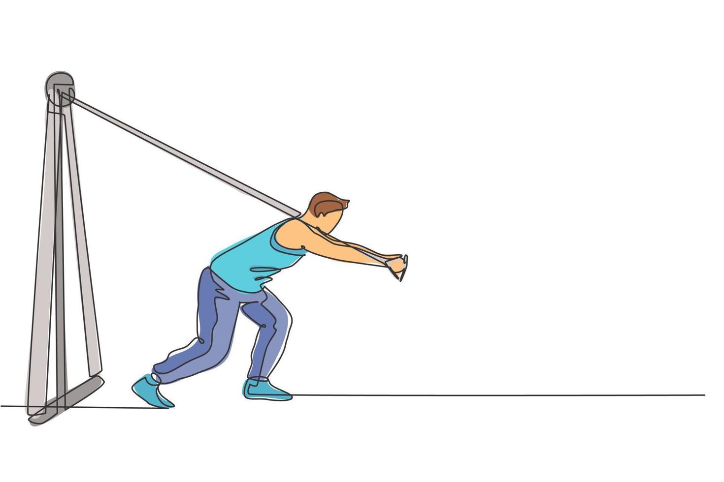 un dibujo de línea continua de un joven deportista que trabaja en una máquina de cable cruzado en el centro del club de fitness. concepto de deporte de fitness saludable. Ilustración de vector de diseño de dibujo de línea única dinámica