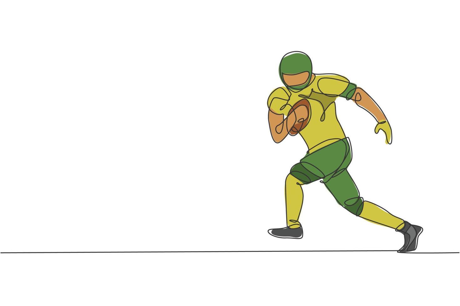 dibujo de una sola línea continua de un joven jugador de fútbol americano ágil que corre rápido para evitar el equipo rival para los medios de competencia. concepto de ejercicio deportivo. ilustración de vector de diseño de dibujo de una línea de moda