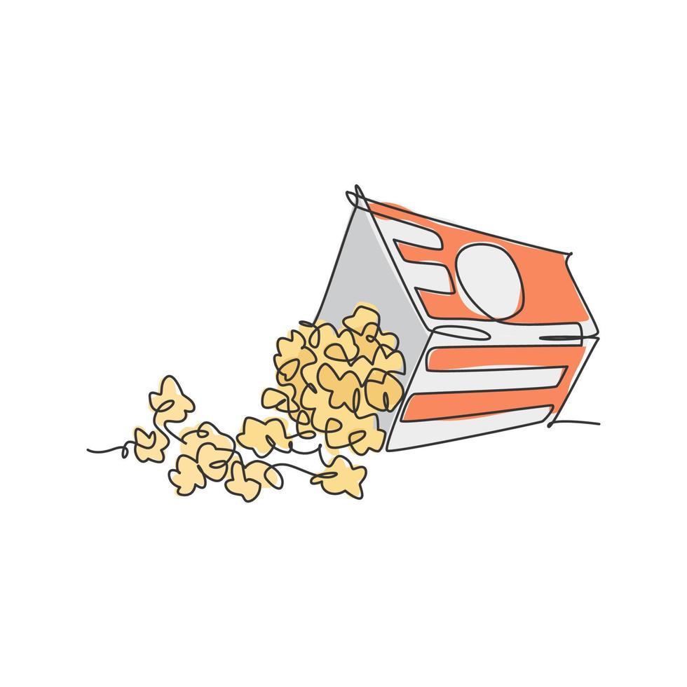 Single continuous line drawing of stylized scattered sweet pop corn on table. Snack for watching movies concept art. Modern one line draw design vector graphic illustration