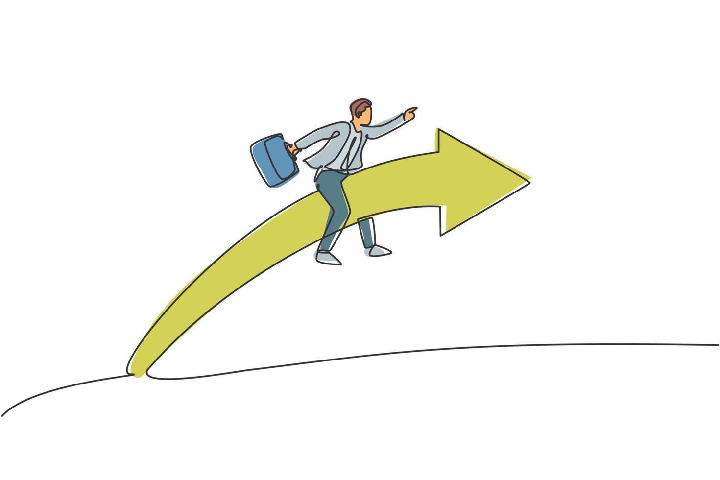 Continuous one line drawing young handsome male worker riding forward arrow while hold briefcase. Success business manager minimal concept. Trendy single line draw design vector graphic illustration