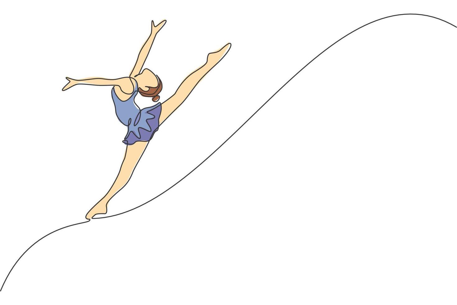 uno continuo línea dibujo de rítmico movimiento joven belleza gimnasta muchacha. piso ejercicio ejecutante en leotardo. sano activo deporte danza concepto. dinámica soltero línea dibujar diseño vector ilustración