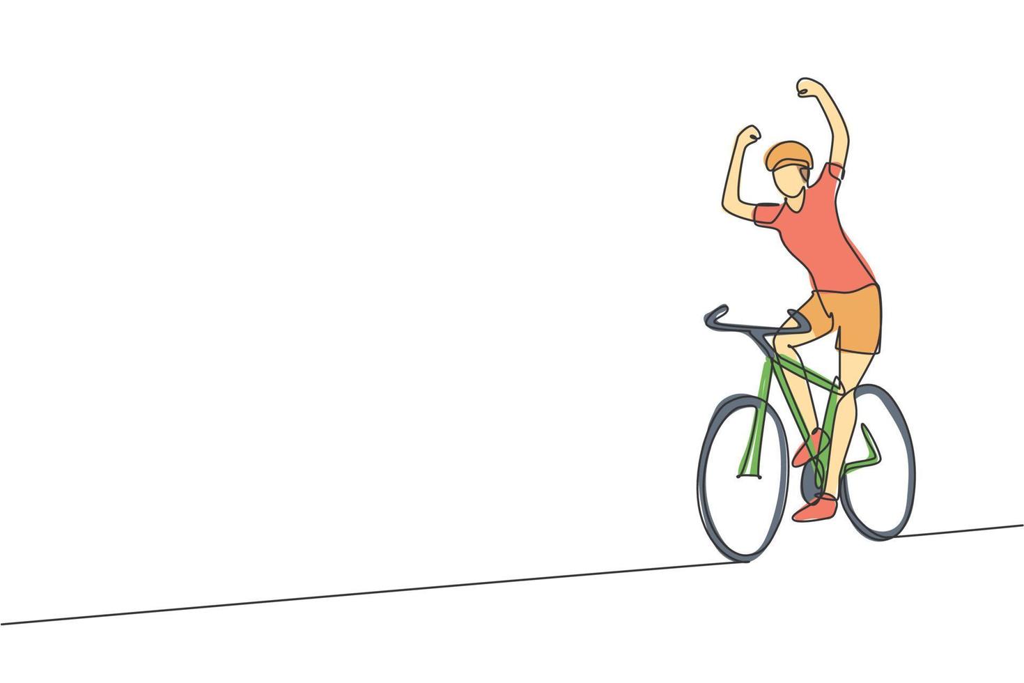 Single continuous line drawing of young agile man cyclist raise his hands while reach finish line. Sport lifestyle concept. One line draw design vector illustration for cycling race promotion media