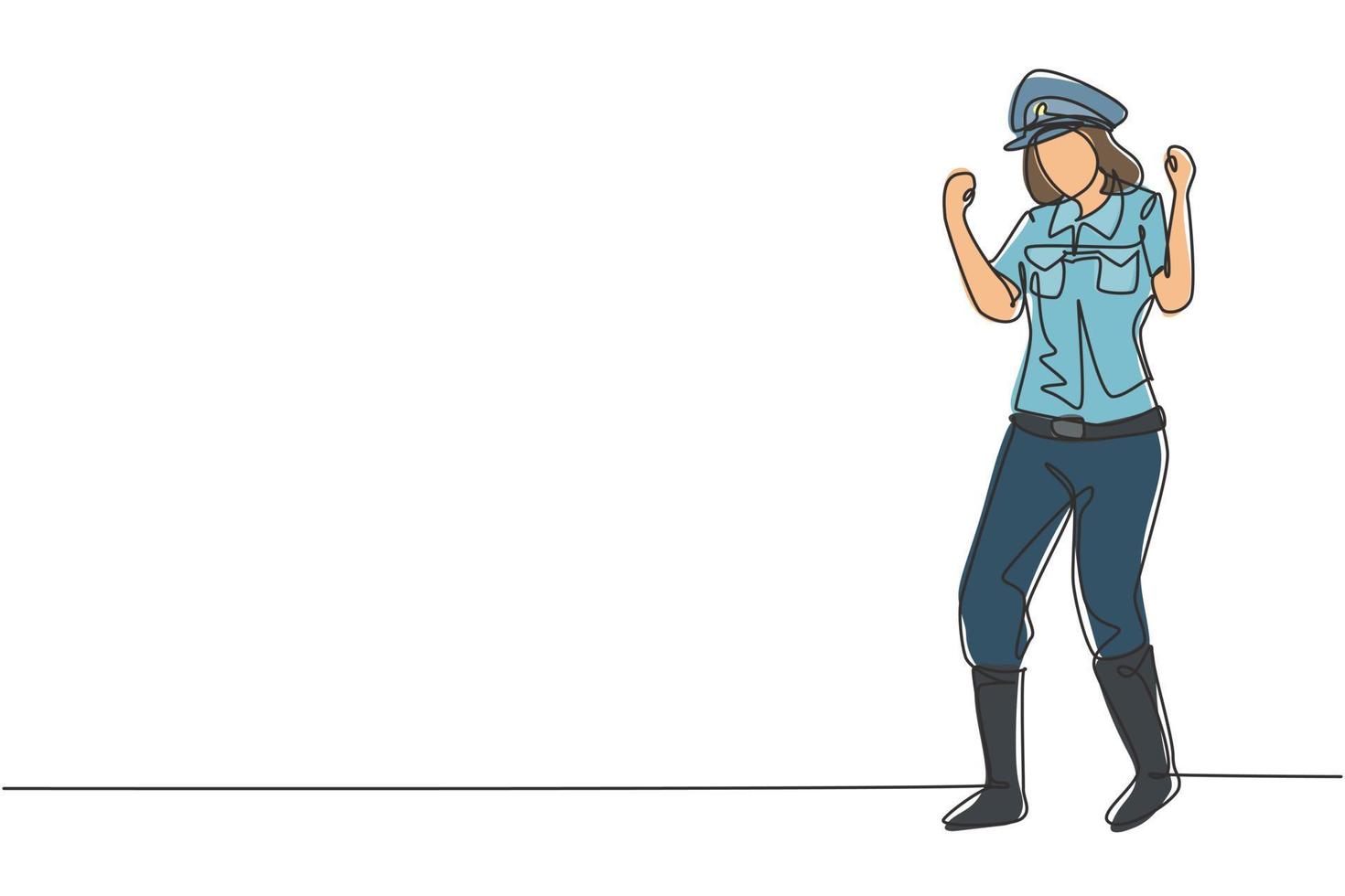Una mujer policía de dibujo continuo de una línea de pie con gesto de celebración y uniforme funciona para controlar el tráfico de vehículos en la carretera. en espera de patrulla. Ilustración gráfica de vector de diseño de dibujo de una sola línea