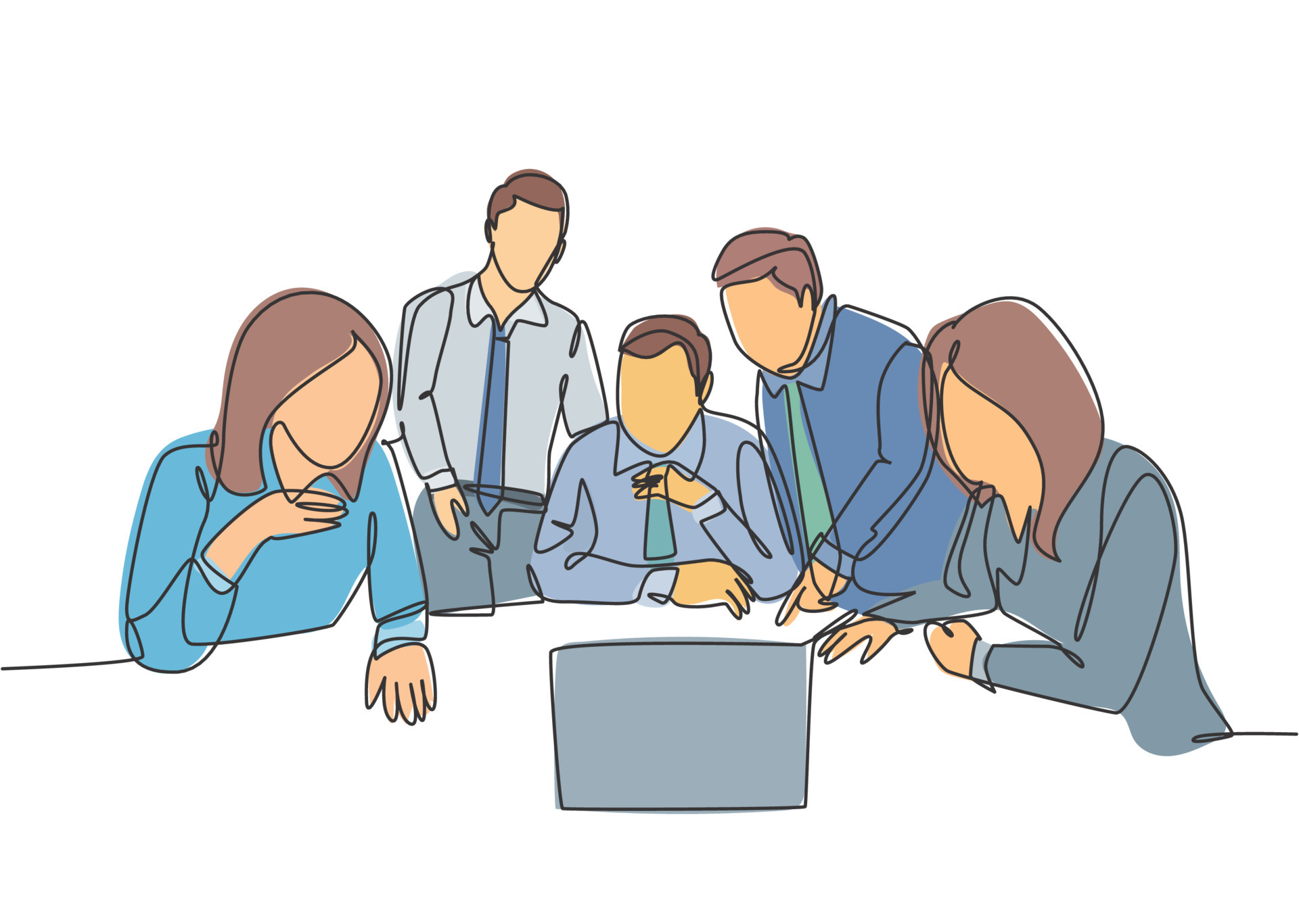 One continuous line drawing of team workers listening boss direction