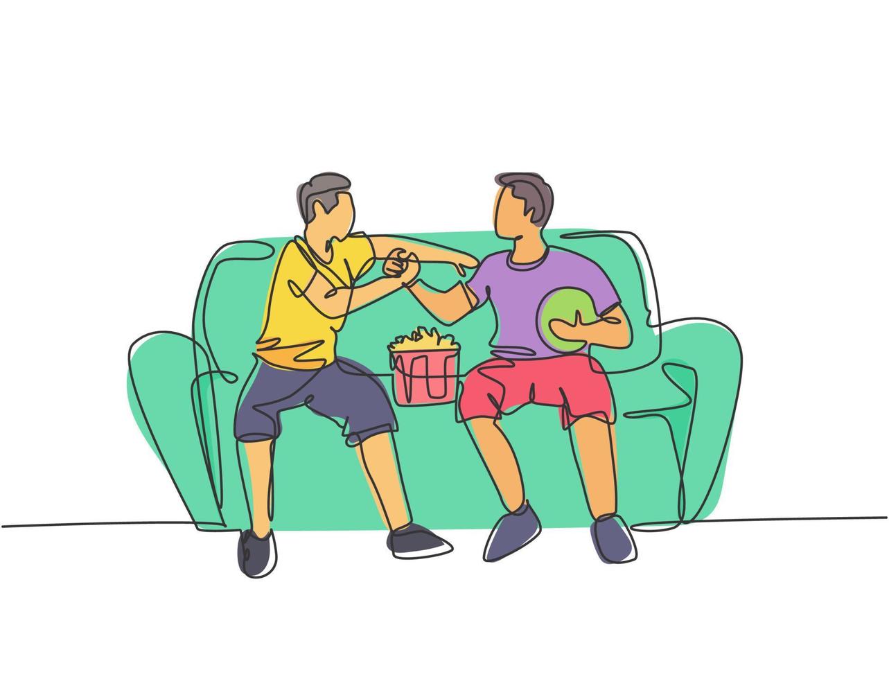 Continuous line drawing of two young men soccer fans club handshaking and sitting on a couch to watch football match. Dynamic single line drawing vector graphic illustration
