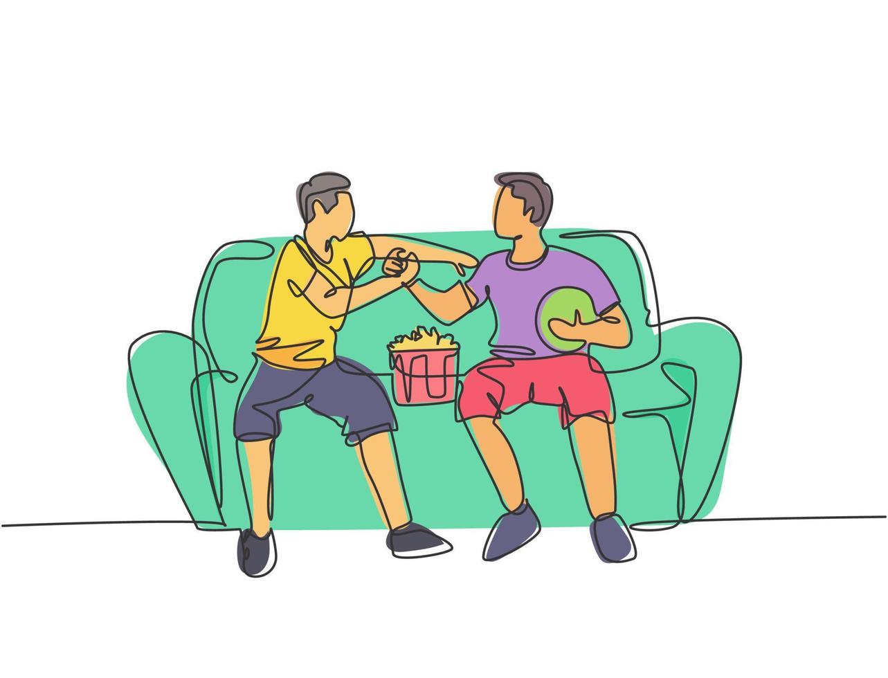 dibujo de línea continua de dos hombres jóvenes apretón de manos del club de aficionados al fútbol y sentados en un sofá para ver un partido de fútbol. Ilustración gráfica de vector de dibujo de línea única dinámica