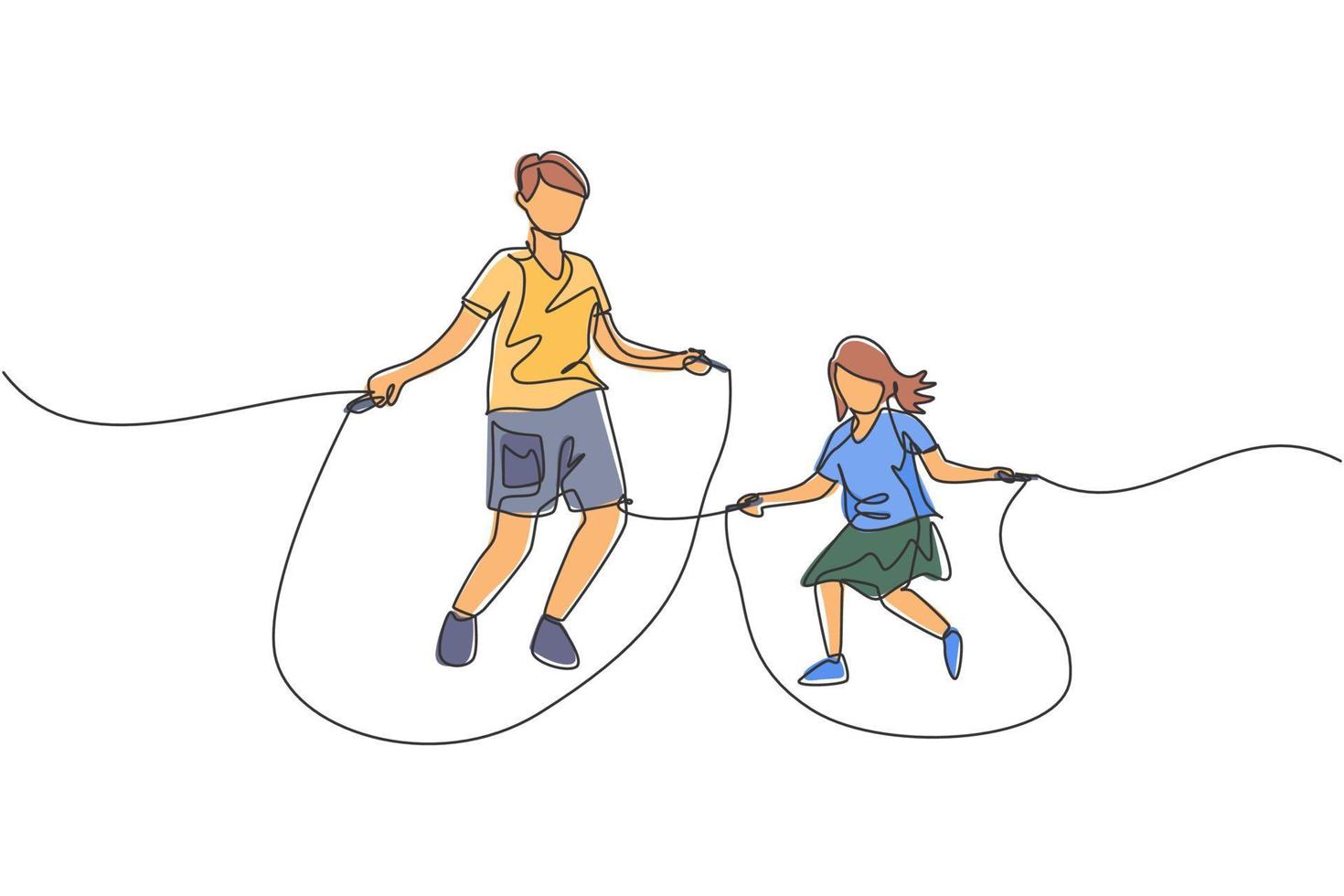 One continuous line drawing of young dad and his daughter practice jumping with skipping rope at park near home. Happy family parenting concept. Dynamic single line draw design vector illustration