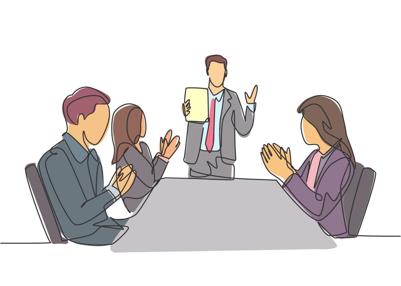 One single line drawing of young happy manager giving interpersonal skill lesson at team meeting in the office. Business presentation concept continuous line draw design vector illustration