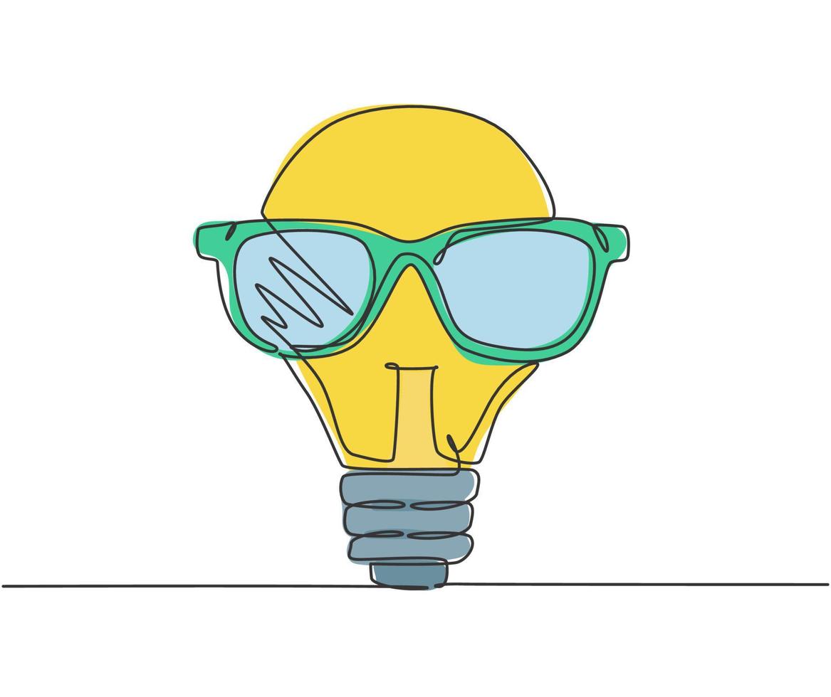 One single line drawing of bright light bulb with trendy sun glasses logo identity. Cool character logotype icon template concept. Dynamic continuous line draw design graphic vector illustration