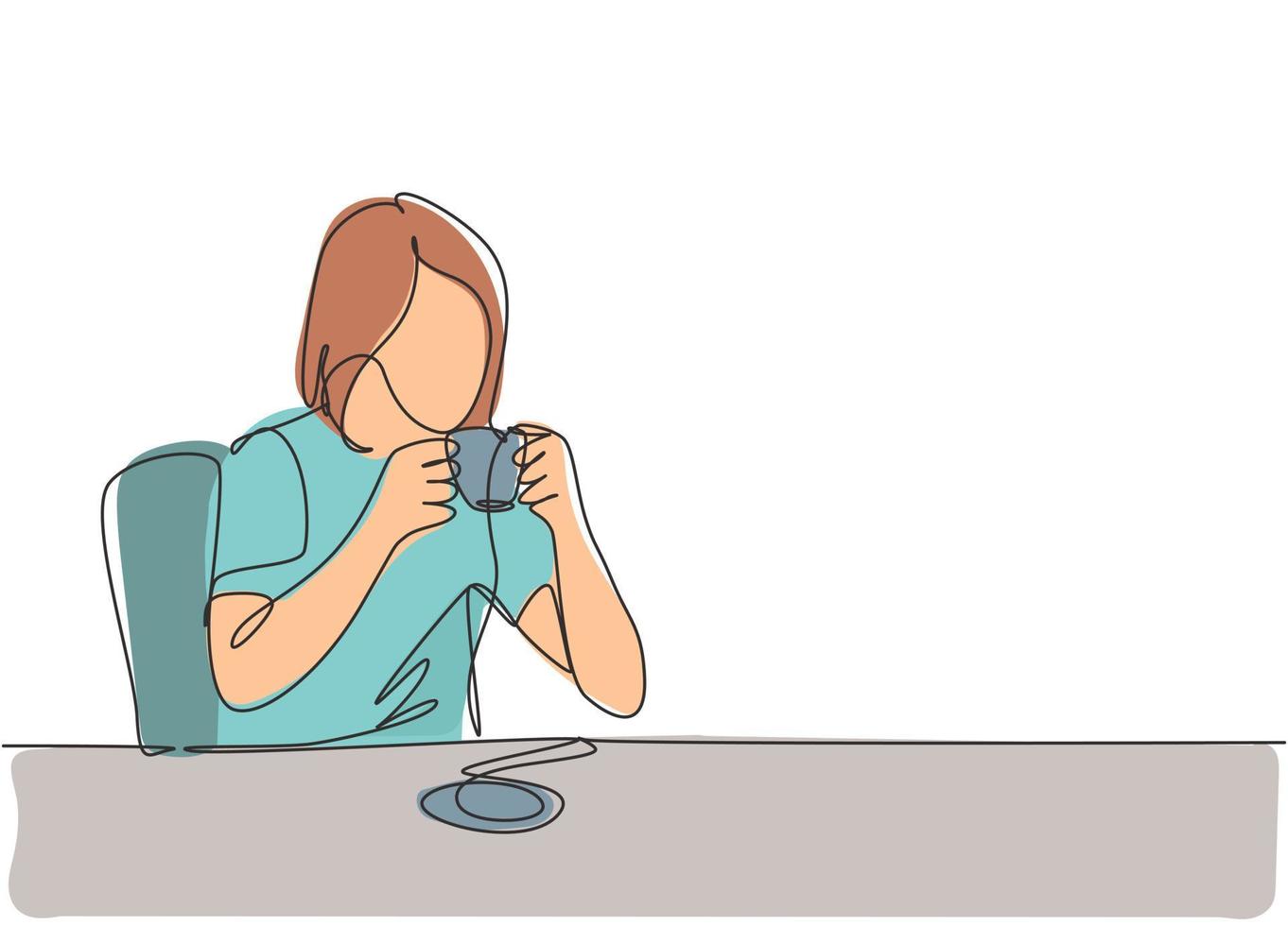 Single continuous line drawing of young beauty female college student sitting on coffee shop to take a relaxation. Drinking tea concept one line draw design vector graphic illustration