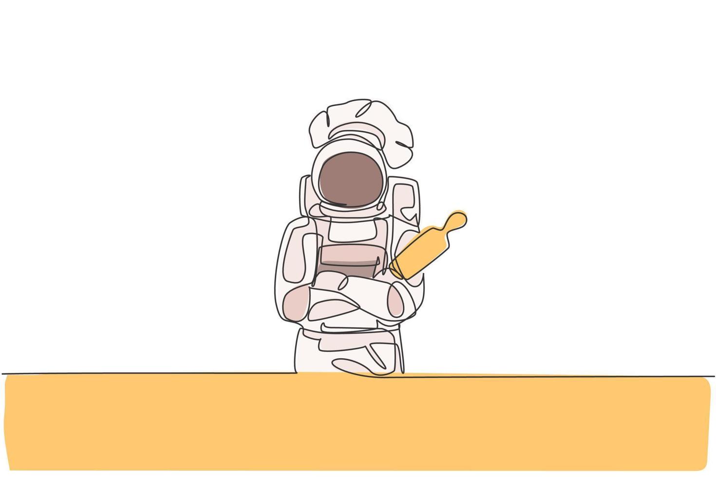 Single continuous line drawing of astronaut chef hold rolling pin and cross his hand on chest, outer space cafe. Healthy bakery shop concept. Trendy one line draw graphic design vector illustration
