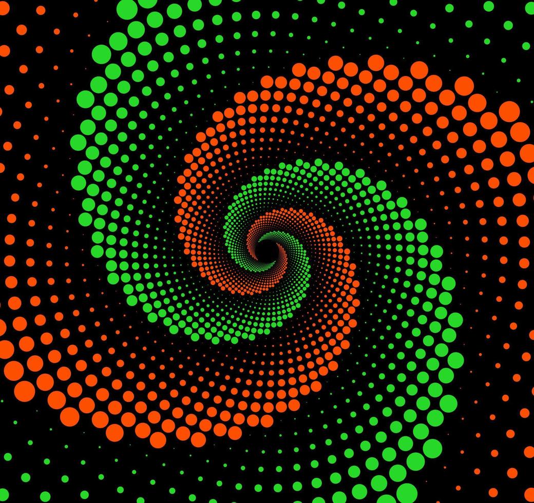 Orange, green, and black dotted spiral vortex vector background. Swirl pattern dots wallpaper design.