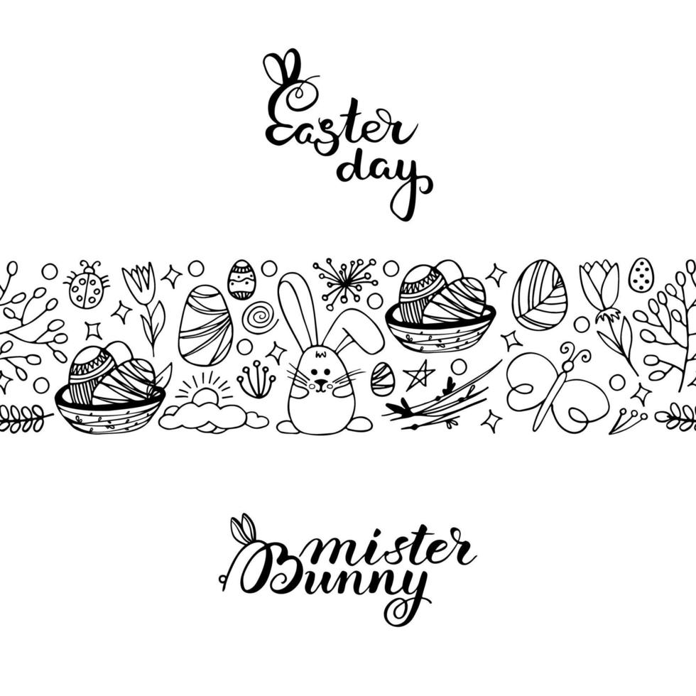 Vector hand drawn seamless pattern background. Easter pictures in doodle style.
