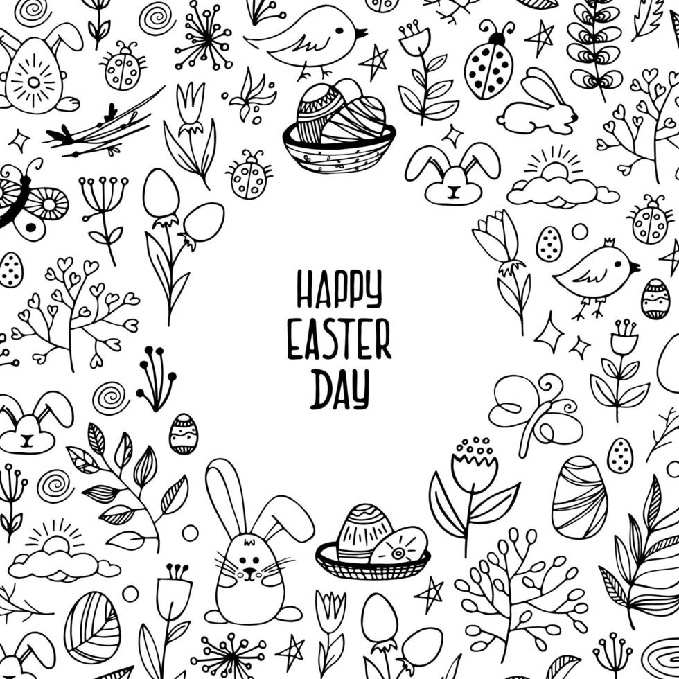 Vector hand drawn background. Easter pictures in doodle style. Line art illustrations for greeting card design, for design of a poster, banner, print.