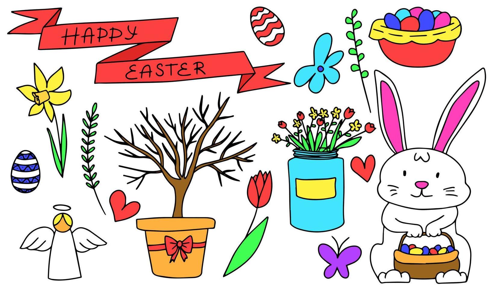 Happy Easter symbols in doodle style. Bunny, eggs, flowers. Vector illustration.