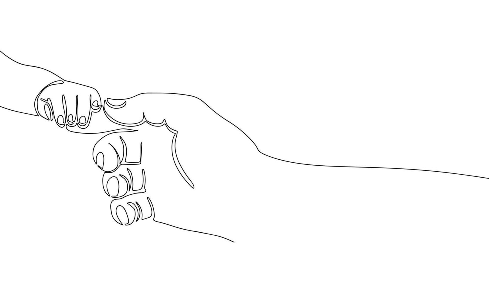 Hand father and hand baby. Two hand. Line art outline one continuous line. vector