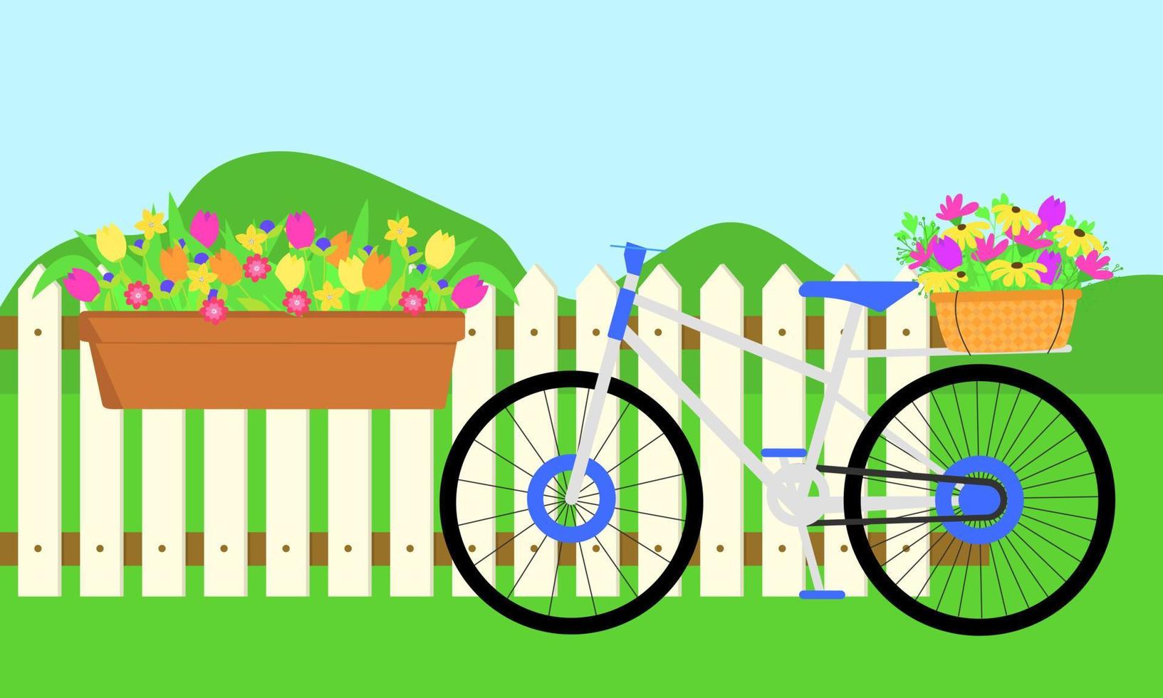 Spring landscape. Fence with flowers pot and bicycle. Vector illustration.