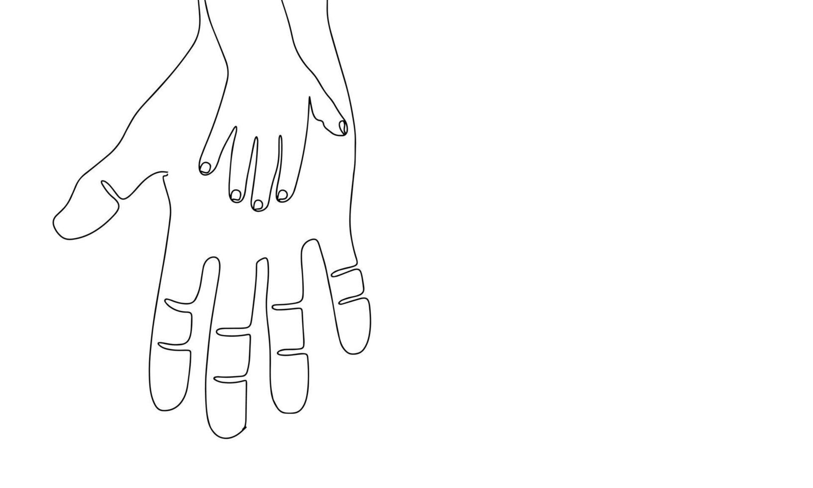 Line art two hands adult and child. Outline one continuous line. Baby hand on father's hand. Mother's hand and baby hand. Vector illustration.