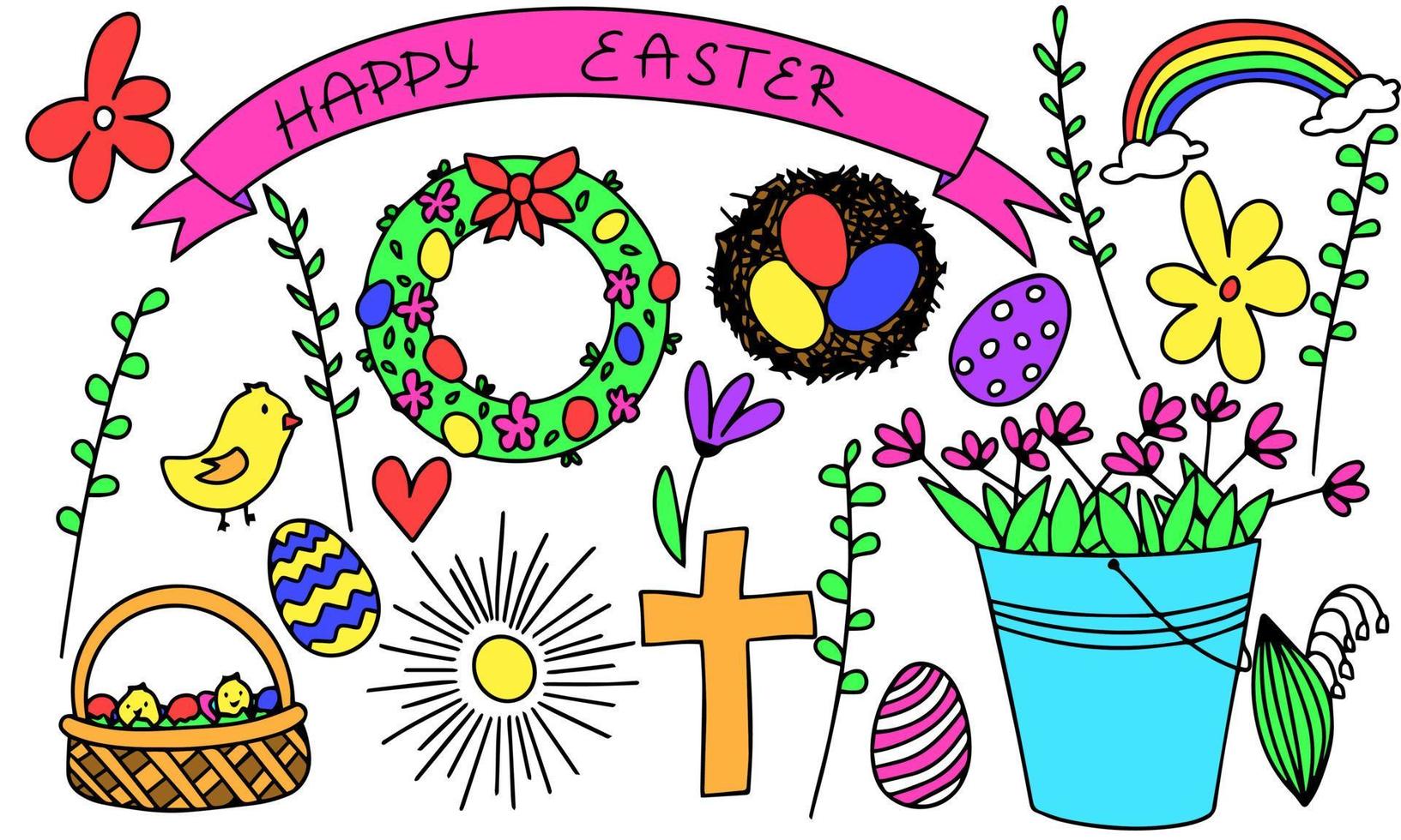 Doodle symbol of Easter. Eggs, flowers, happy Easter, rainbow, chick, sun. Vector illustration.