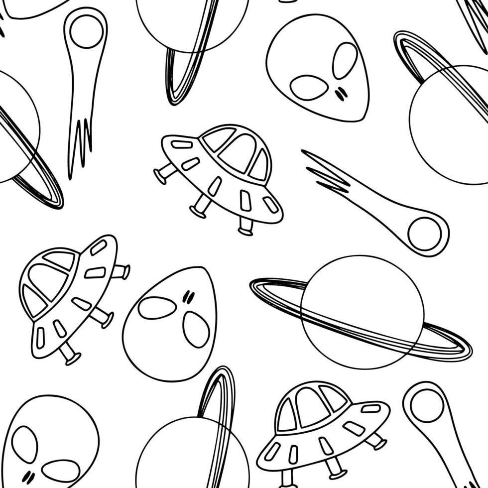 Doodle space seamless pattern. Alien, planet, UFO. Vector illustration.