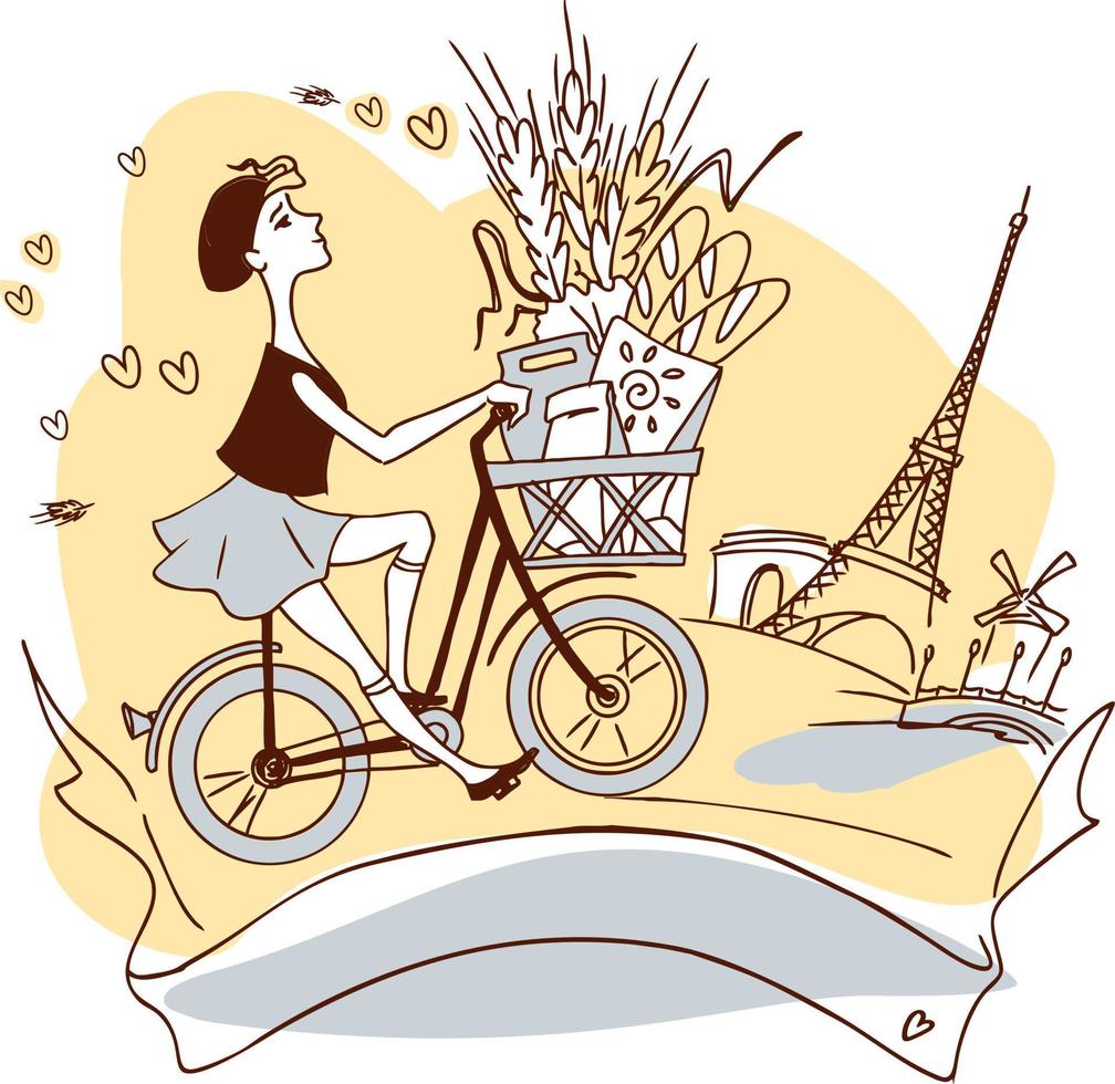 Illustration of a girl on a bike with a bag of delicious French baguettes rides down a Parisian street with the Eiffel Tower in the background vector