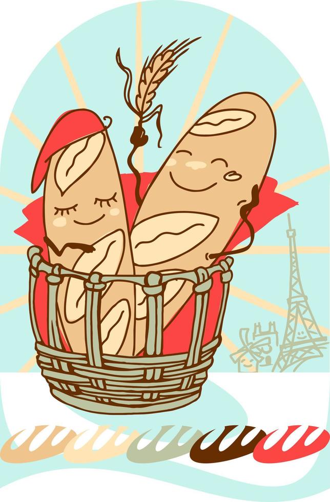 Illustration of humanized French baguettes with the Eiffel Tower in the background vector