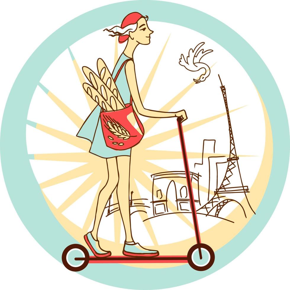 Illustration of a girl with a bag of delicious French baguettes on a scooter rides along a Parisian street with the Eiffel Tower in the background vector