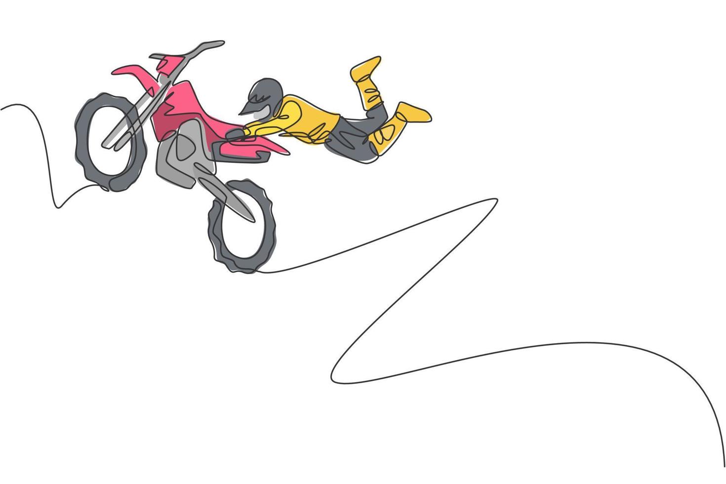 dibujo de una sola línea continua de un joven piloto de motocross volando acrobático con su bicicleta. Ilustración de vector de concepto de carrera de deporte extremo. diseño moderno de dibujo de una línea para medios de promoción de eventos de motocross