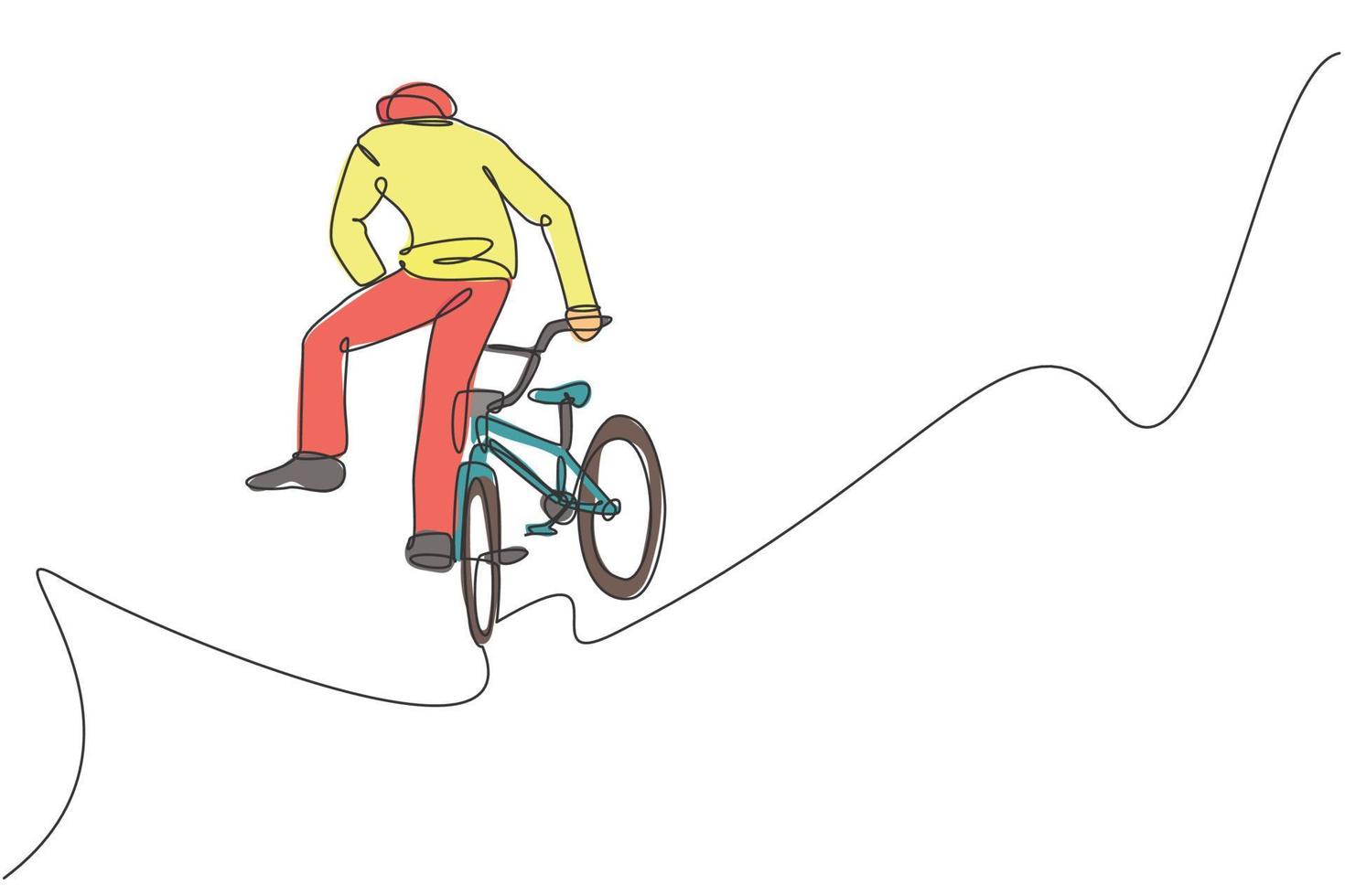 One continuous line drawing of young BMX bicycle rider performing jumping into the air trick at skatepark. Extreme sport concept vector illustration. Single line draw design for event promotion poster