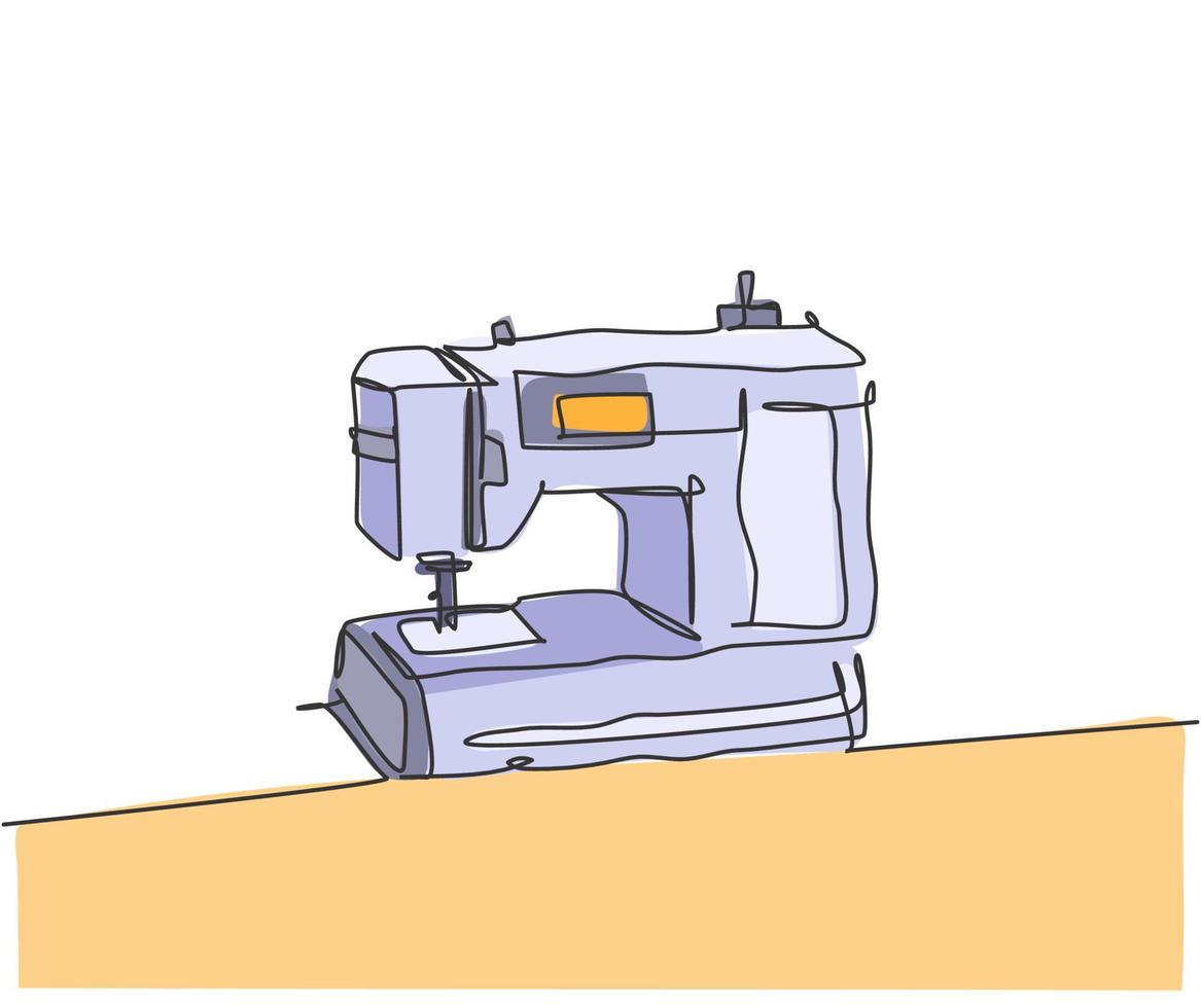 Un dibujo de línea continua del aparato electrodoméstico de la máquina de coser. concepto de plantilla de gadget de hogar de equipo de sastre de electricidad. Ilustración gráfica de vector de diseño de dibujo de línea única de moda